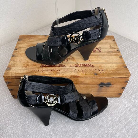 Michael Kors Black Patent Elastic Strap Heels 6.5M MK Logo Cone Heel Sandals - Picture 3 of 9
